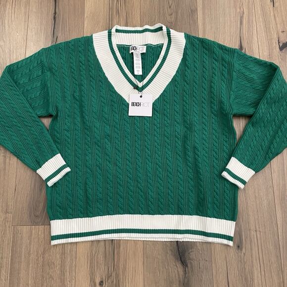 NEW BEACH RIOT Size XL Montana Sweater Green White Cable Knit V Neck Cozy Knit - Picture 2 of 9